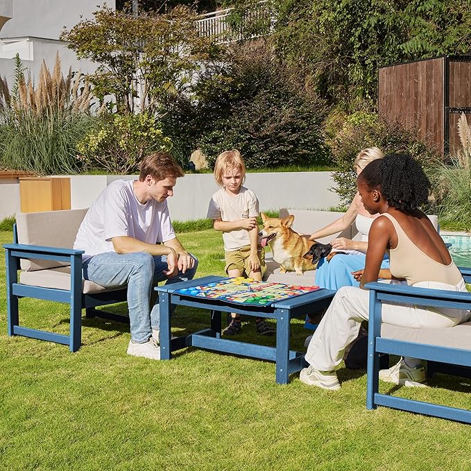 SERWALL HDPE Outdoor Loveseat with Cushions, All Weather Use Outdoor Loveseat Sofa, Blue Frame with Khaki Cushions