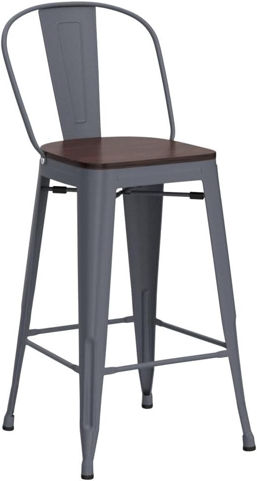 Yongqiang 26 inch Bar Stools Set of 4 Kitchen Counter Height Bar Chairs Modern Farmhouse Metal Barstools with Large Wooden Seat, High Back Silver