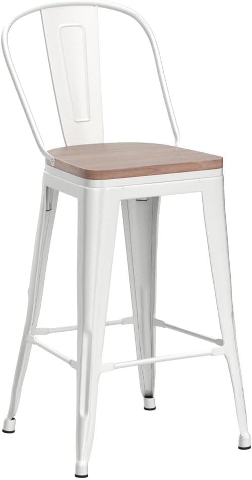 Alunaune 26" Swivel Metal Bar Stools Set of 4 High Back Counter Height Barstools Industrial Dining Bar Chairs with Large Wooden Seat-White
