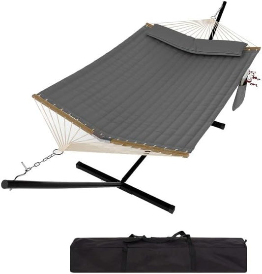 2 Person Outdoor Hammock with Stand, Portable Hammock, Heavy Duty Hammock with Carrying Bag, Soft Pillow, Balance Ropes, for Patio, Backyard, Garden, Beach, Gray