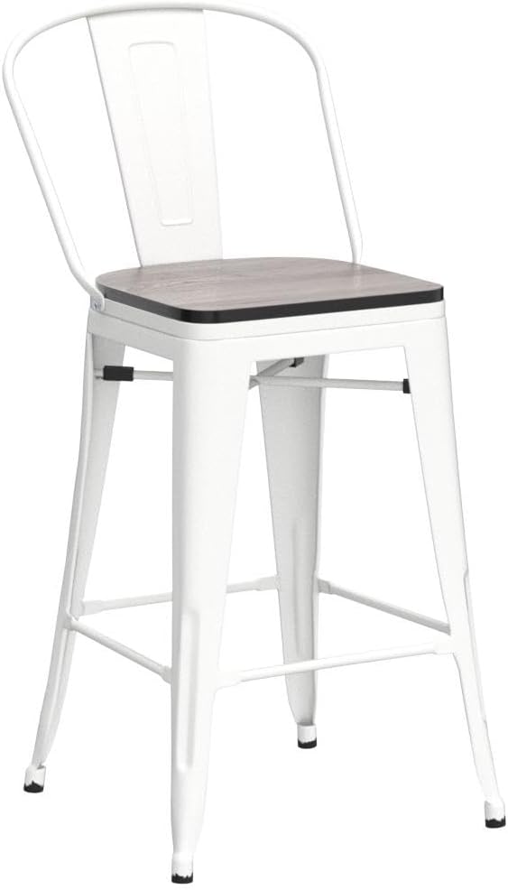 Yongqiang 24" Bar Stools Set of 4 Modern Farmhouse Counter Height Bar Chairs Kitchen Island Metal Barstools with Large Wooden Seat, High Back Cream White