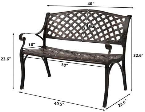40.5" Outdoor Garden Bench, Patio Furniture Cast Aluminum Bench with Mesh Backrest, Weather Proof 2-Person Outdoor Loveseat with Anti-Rust for Park, Porch, Pool, Backyard