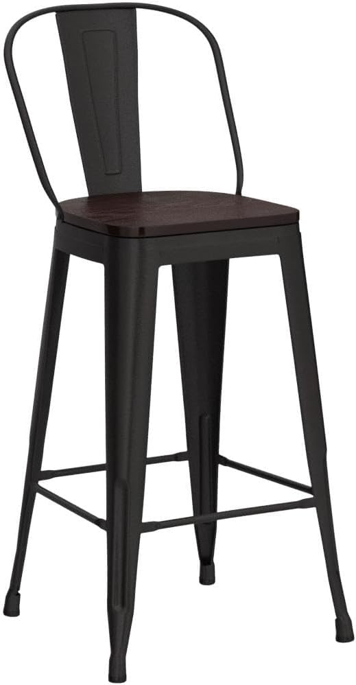 Alunaune 30" Swivel Metal Counter Height Bar Stools Set of 4 High Back Industrial Bar Chairs Kitchen Barstools with Large Wooden Seat-Rusty