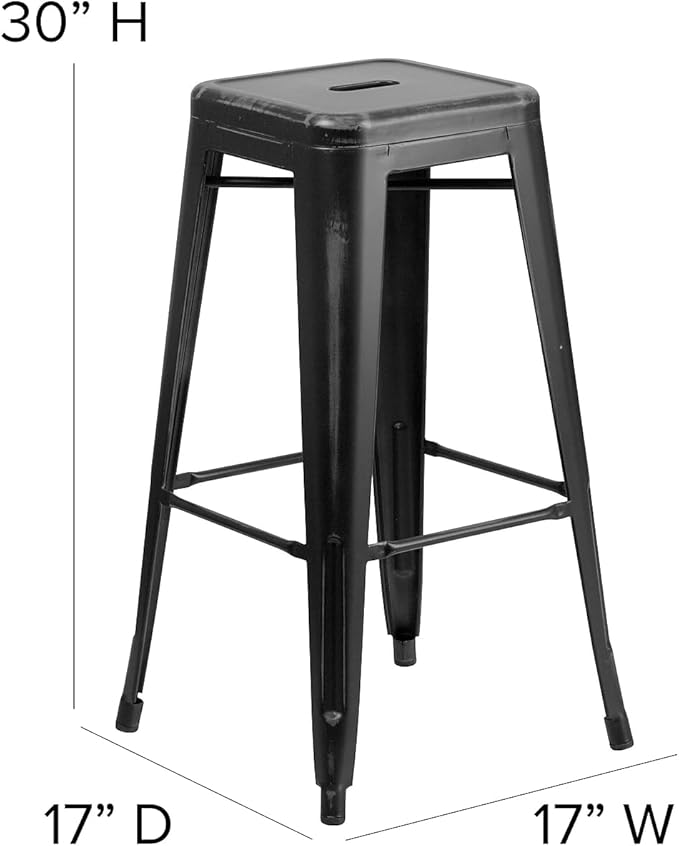 Flash Furniture Kai Commercial Grade 30" High Backless Distressed Black Metal Indoor-Outdoor Barstool