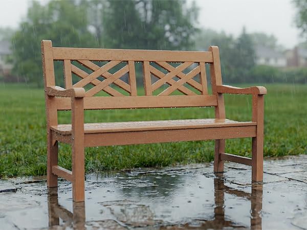 Psilvam 49''W All-Weather Poly Lumber Outdoor Bench – 2- Person Garden Bench with Decorative Backrest & Curved Armrests, Anti-Fade Patio Bench for Porch, Backyard, and Park(Teak Color)