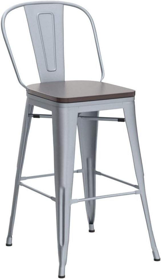Alunaune 30" Swivel Metal Bar Stools Set of 4 High Back Counter Height Barstools Kitchen Dining Bar Chairs Industrial with Large Wooden Seat-Silver