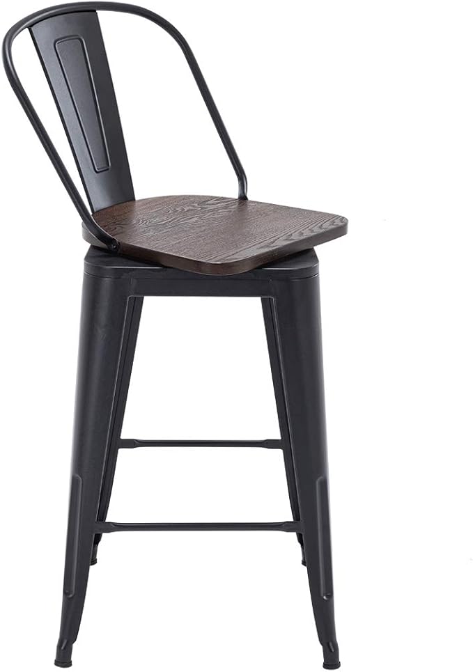 Alunaune 30" Swivel Metal Bar Stools Set of 4 High Back Counter Height Barstools Industrial Dining Bar Chairs with Large Wooden Seat-Matte Black