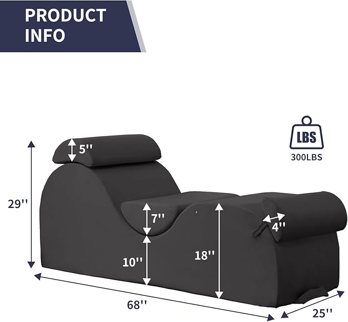 ijuicy Sleek Chaise Lounge Chair for Exercise, Indoor Lounger with Headrest, Waist Cushion, Movable Footrest, Side Pockets, Non-Slip Bottom, High Density Sponge, Dark Grey