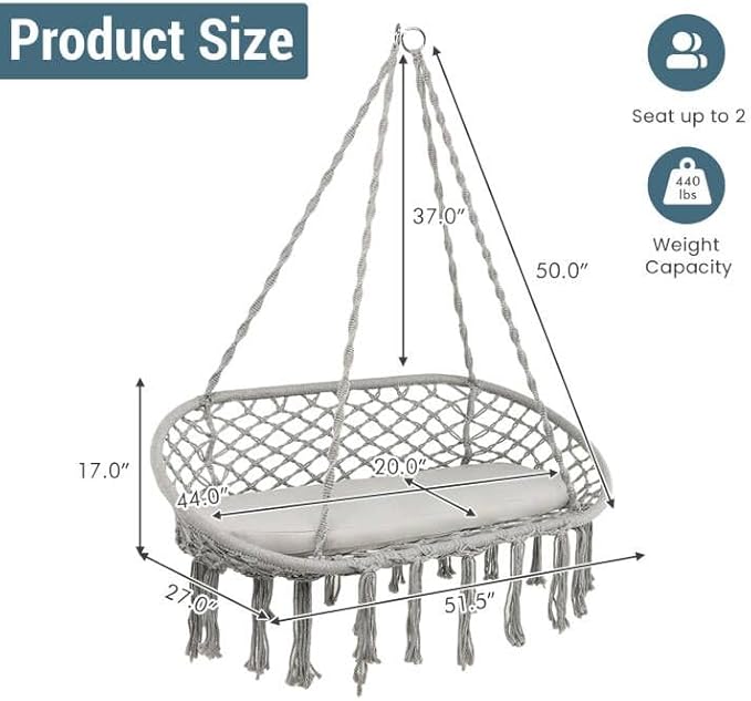 Giantex 2-Seat Hammock Chair, Macrame Swing with Cushion, Hanging Cotton Ropes, Metal Frame, Hanging Chair with 440 Lbs Capacity for Hammock Stand, Living Room, Patio, Balcony, Backyard (Gray)