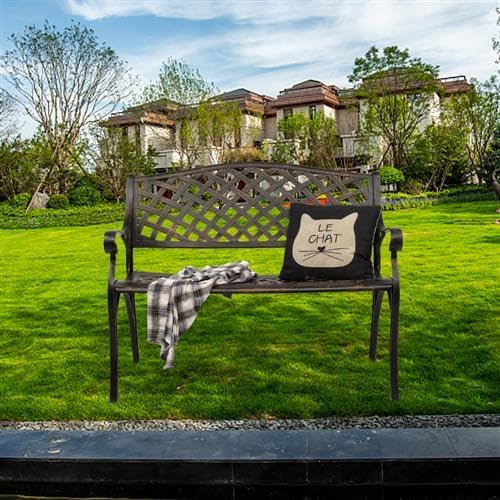 40.5" Outdoor Garden Bench, Patio Furniture Cast Aluminum Bench with Mesh Backrest, Weather Proof 2-Person Outdoor Loveseat with Anti-Rust for Park, Porch, Pool, Backyard