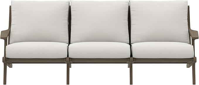 Modway Saratoga Teak Outdoor Patio Sofa in Weathered Gray White – 3 Seater Couch with Weather-Resistant Cushions – Wooden Outdoor Furniture Sofa