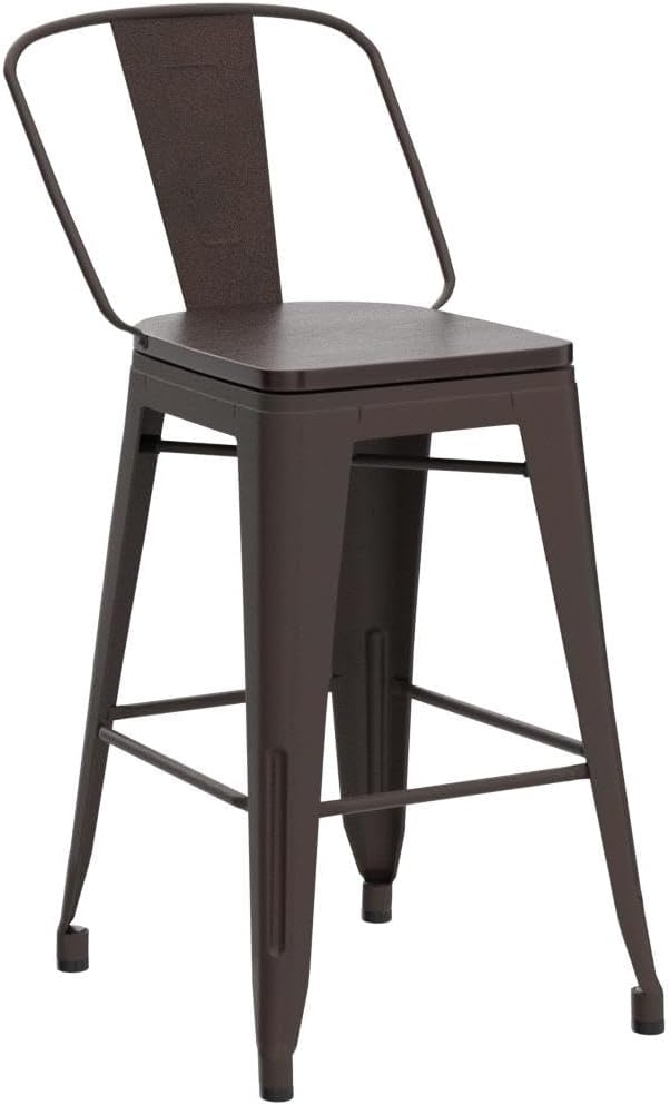 Alunaune 24" Swivel Metal Counter Height Bar Stools Set of 4 High Back Industrial Bar Chairs Kitchen Barstools with Large Wooden Seat-Rusty