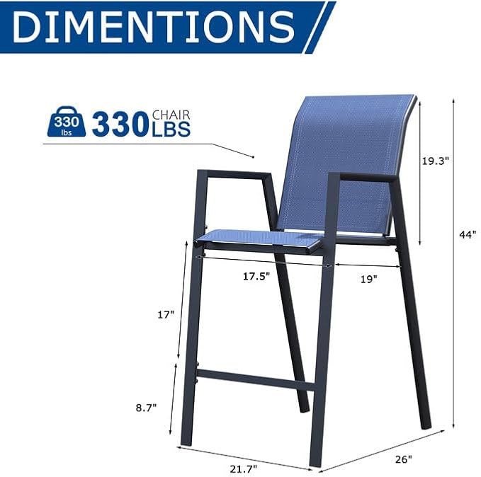 Outdoor Bar Stools Set of 6, 44'' Patio Bar Chairs with Textile High Back, Bar Height Chairs with Straight Armrest and Footrest, Blue