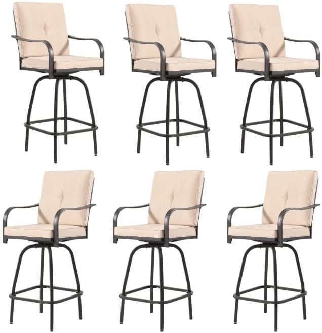 Outdoor Swivel Bar Stools Set of 6,Bar Height Patio Chairs with Cushions and High Backrest, All Weather Patio Bar Stools Furniture for Bistro Lawn, Pool, Garden and Backyard,Light Brown