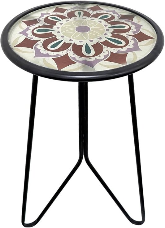 LIFFY Outdoor Side Table, 12" Small Patio Side Table for Outside, Indoor Round Home Decor End Table & Accent Table with Glass Top, Decorative Plant Table Stands for Garden Yard Porch Balcony