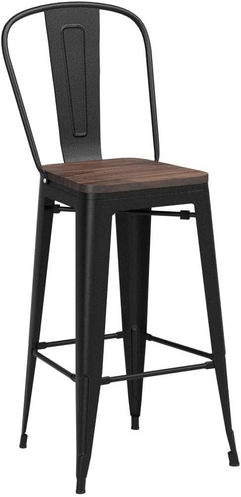 Yongqiang 30 inch Bar Stools Set of 4 Black Metal Bar Height Stools Modern Farmhouse Kitchen Island Barstools Bar Chairs with Large Wooden Seat, High Back