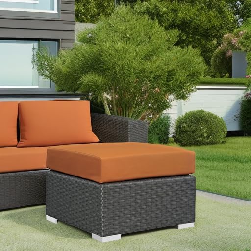 Modway Sojourn Wicker Rattan Outdoor Patio Sunbrella Fabric Ottoman in Canvas Tuscan