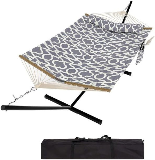 2 Person Outdoor Hammock with Stand, Portable Hammock, Heavy Duty Hammock with Soft Pillow, Balance Ropes, for Patio, Backyard, Garden, Beach, Stripe