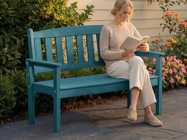 Psilvam 3-Person Outdoor Memorial Bench, All-Weather Poly Lumber Garden Bench, Rot-Resistant Outdoor Patio Bench for Park,Porch,and Church(Blue)