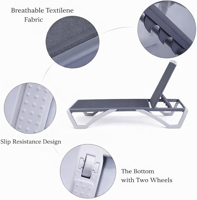 Kozyard Outdoor Chaise Lounge Chair, Full Flat Adjustable Patio Lounger with Aluminum Frame & Resin Legs, Textilene Fabric for Poolside, Backyard & Beach (Gray Without Table)