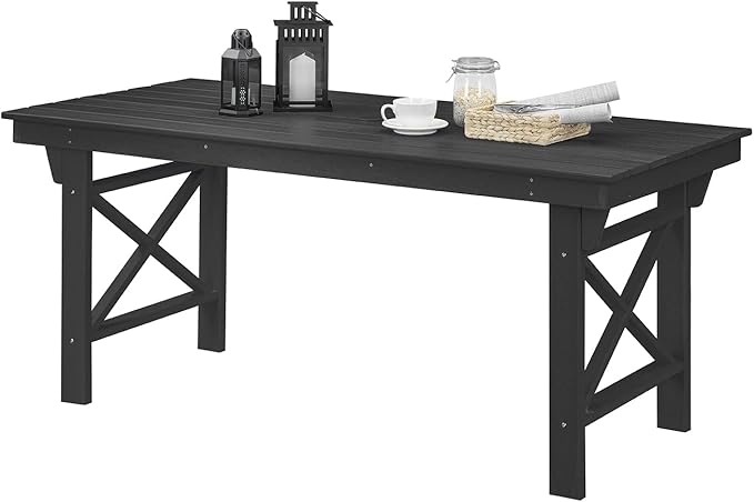 HDPE Outdoor Dining Table, 66.9” Rectangle Patio Dining Table for 6, All-Weather HDPE Outdoor Table with 2.2” Umbrella Hole, HDPE Patio Furniture for Deck, Backyard, Garden, Pool, Obsidian