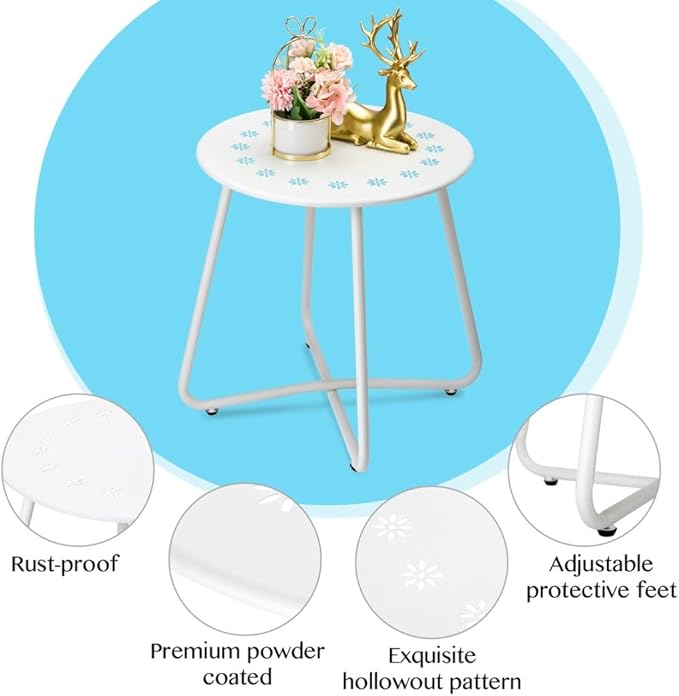 danpinera Outdoor Side Tables with Flower Cut Outs, Weather Resistant Steel Patio Side Table, Small Round Outdoor End Table Metal Side Table for Patio Yard Balcony Garden White