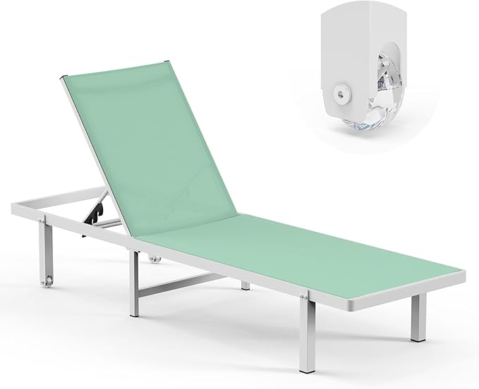 Lounge Chair Outdoor with Wheels, Aluminum Patio Chaise Lounge Chair with 5 Adjustable Backrest - Easy to Move- Pool Lounge Chairs for Deck, Beach, Poolside (LightGreen)