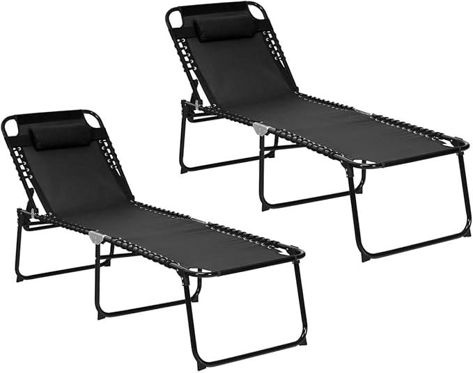 GYMAX Lounge Chairs for Outside, Extra High Folding Beach Tanning Lounger with 4-Level Adjustable Backrest, 2-Level Footrest & Removable Pillow, Sunbathing Lounge for Patio, Lawn, Poolside (2, Black)