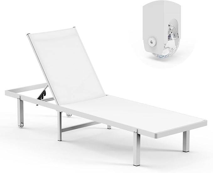 Lounge Chair Outdoor with Wheels, Aluminum Patio Chaise Lounge Chair with 5 Adjustable Backrest - Easy to Move- Pool Lounge Chairs for Deck, Beach, Poolside (White)