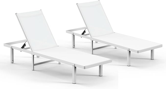 Aluminum Outdoor Lounge Chairs Set of 2, Pool Lounge Chairs with Wheels and 5-Position Recliner -Easy to Move- Patio Chaise Lounge Outdoor for Poolside, Deck, Beach (White)