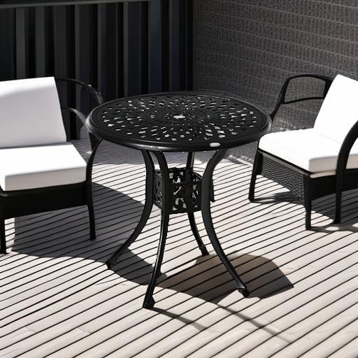 Outsunny 30" Round Patio Dining Table with Umbrella Hole, Antique Cast Aluminum Outdoor Bistro Table Only, Black