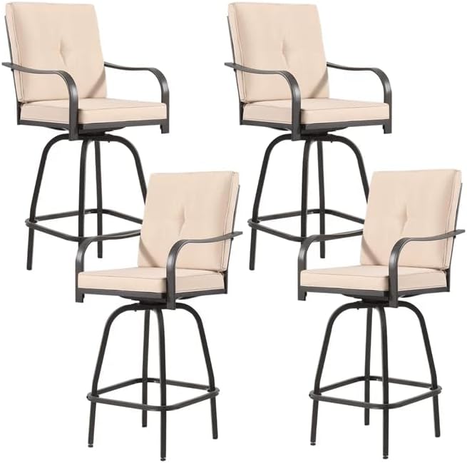 Outdoor Swivel Bar Stools Set of 4,Bar Height Patio Chairs with Cushions and High Backrest, All Weather Patio Bar Stools Furniture for Bistro Lawn, Pool, Garden and Backyard,Light Brown