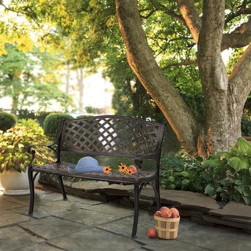 40.5" Outdoor Garden Bench, Patio Furniture Cast Aluminum Bench with Mesh Backrest, Weather Proof 2-Person Outdoor Loveseat with Anti-Rust for Park, Porch, Pool, Backyard