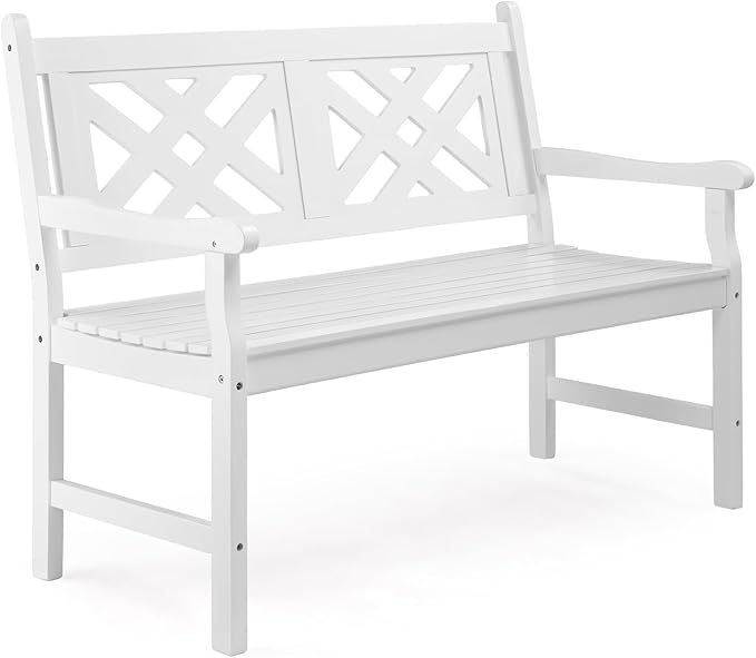 VINGLI 50" Outdoor Wood Bench, Weatehr Resistant Wooden Garden Patio Bench with Comfortable Backrest & Curved Armrest, 800lb Capacity Loveseat for Front Porch Park Yard Deck (White, Geometric)