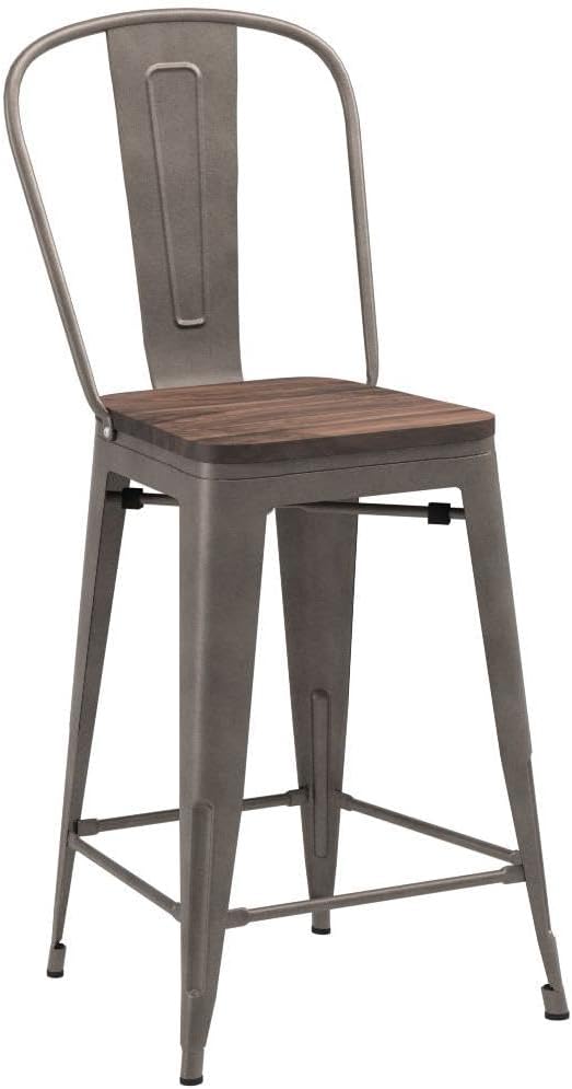 Yongqiang 24 inch Bar Stools Set of 4 Kitchen Counter Height Bar Chairs Modern Farmhouse High Back Metal Barstools with Large Wooden Seat Rusty