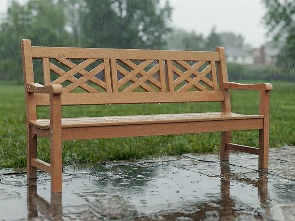 Psilvam 63''W All-Weather Poly Lumber Outdoor Bench – Teak Color, 3-Person Garden Bench with Decorative Backrest & Curved Armrests, Anti-Rot & Fade-Free Patio Bench for Porch, Backyard(Teak Color)