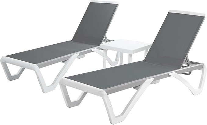 Kozyard Outdoor Chaise Lounge Chair, Full Flat Adjustable Patio Lounger with Aluminum Frame & Resin Legs, Textilene Fabric for Poolside, Backyard & Beach (Gray, 2Chairs with Table)