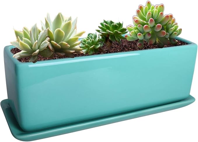 Vencer 14 Inch Rectangular Modern Minimalist Ceramic Succulent Planter Pot - Window Box with Saucer,Office Desktop Potted Stand,Turquoise,VF-0173T