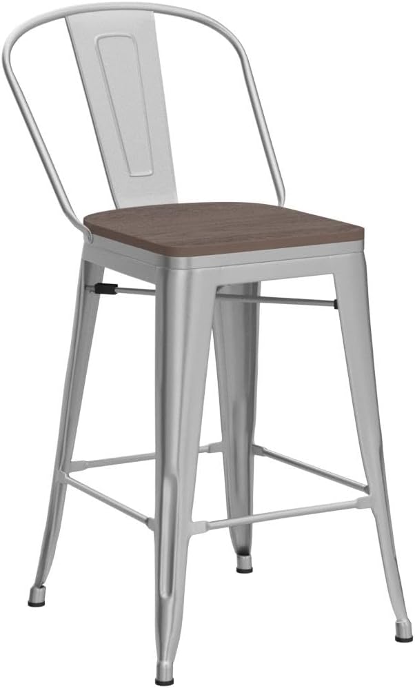 Yongqiang 24 inch Bar Stools Set of 4 Metal Kitchen Counter Height Bar Chairs Barstools with Large Wooden Seat, High Back Silver