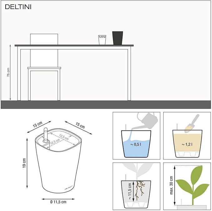 Lechuza 14903 Deltini Self-Watering Planter for Indoor and Outdoor Use, 6" x 6" x 7", Charcoal