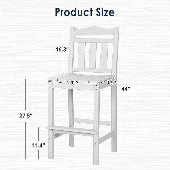nalone Outdoor Bar Stool, HDPE Tall Adirondack Chair Bar Chair, Weather Resistance Bar Height Chairs for Balcony, Garden, Yard, Backyard (White, Bar Chair)