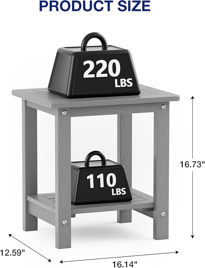 YEFU Outdoor Side Table for Patio: 16" HIPS Weather - Resistant Adirondack Tables - Waterproof Small Square End Tables for Backyard Pool Porch Balcony - Indoor Outdoor Double Layer Table Grey