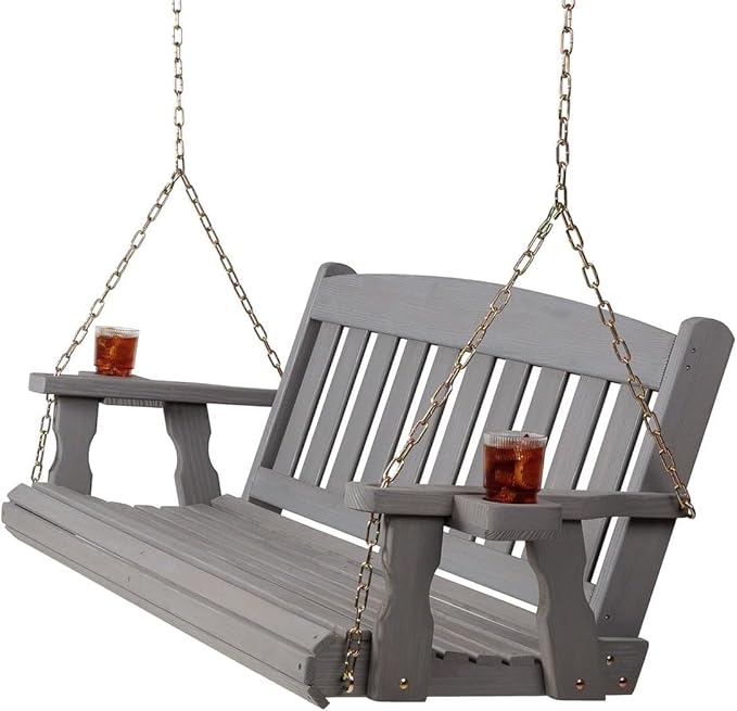 Amish Casual Heavy Duty Mission Treated Porch Swing, 6-Foot, Semi-Solid Grey Stain, 8Ft Chains, with Cups