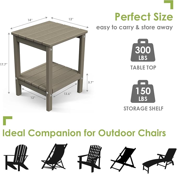 GREENVINES Adirondack-Outdoor-Side-Table | Set of 4 | Wood Grain | 14 x 13 Inches | HDPE Plastic | All Weather | Desert Brown | Outside End Tables | Storage Shelf | for Patio