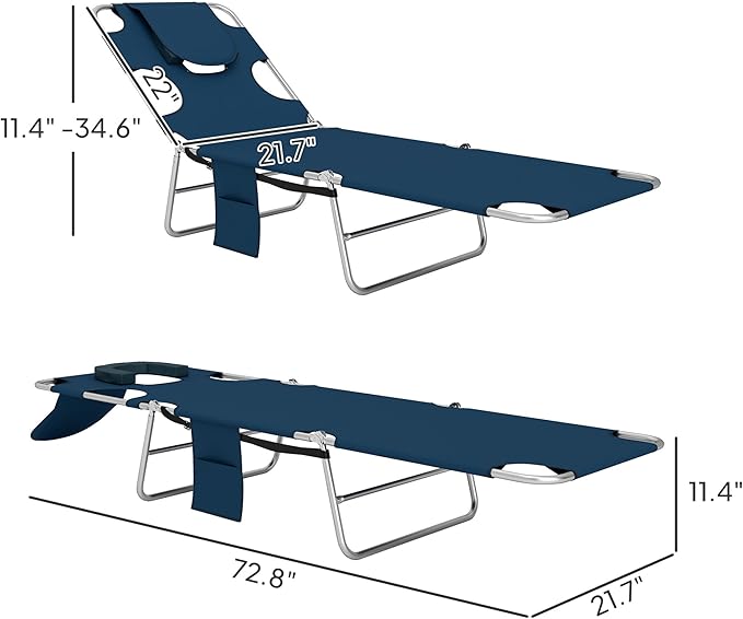 Outsunny Chaise Lounge Chair Outdoor with Face Arm Hole, 5-Position Reclining Face Down Tanning Chair with Carry Strap, Side Pocket, Portable Folding Bed Cot for Patio Beach Pool, Dark Blue
