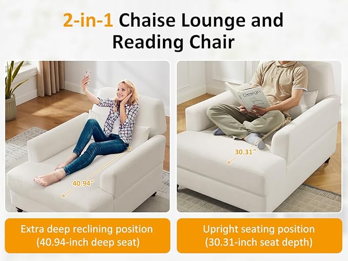Chaise Lounge Chair Indoor Set of 2, Oversized Accent Chair for Living Room with Adjustable Backrest, Upholstered Mid-Century Reading Armchair for Adults, Comfy Modern Single Sofa Chair for Bedroom