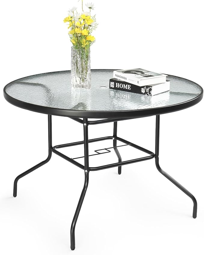 VINGLI 40'' Outdoor Dining Table with Umbrella Hole, All Weather Round Patio Table, Waterwave Tempered Glass Top and Metal Frame, for Garden Porch Balcony Yard