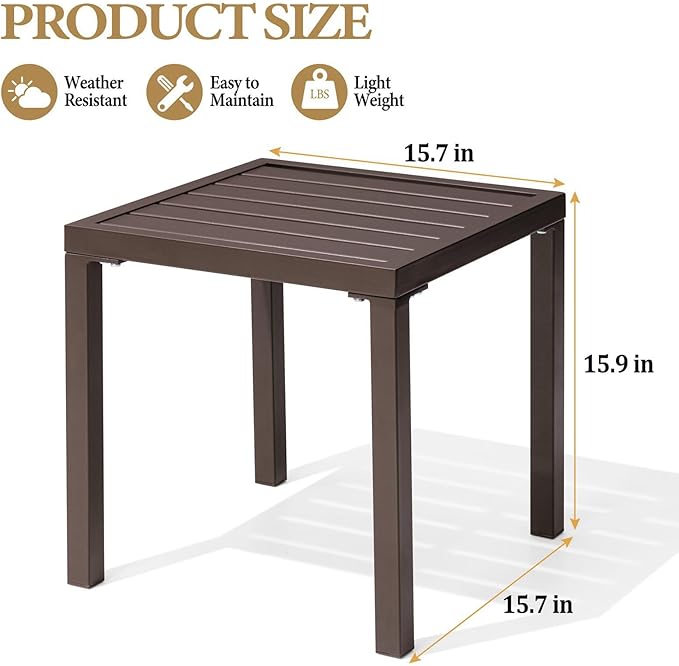 Crestlive Products Outdoor Side Table Set of 2, Small Square Metal End Table Weather Resistant Pool Side Tables for Patio Balcony(Brown)