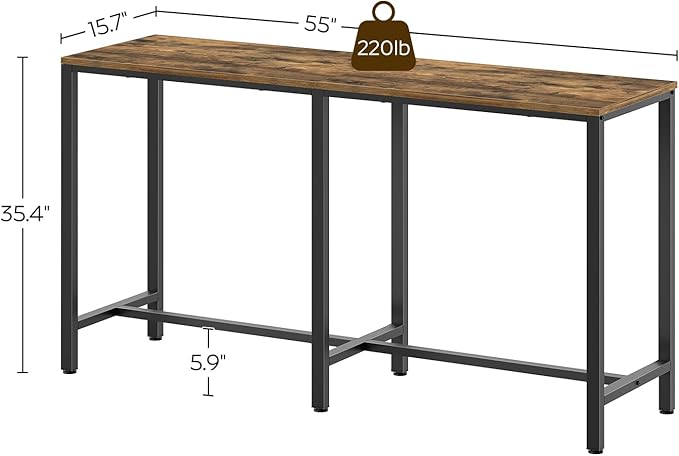 55" Long Bar Table, Counter Bar Height Table, High Top Table, Rectangular Hightop Bar Pub, for Kitchen, Living Room, Dining Room, Entryway, Rustic Brown and Black BT04BR