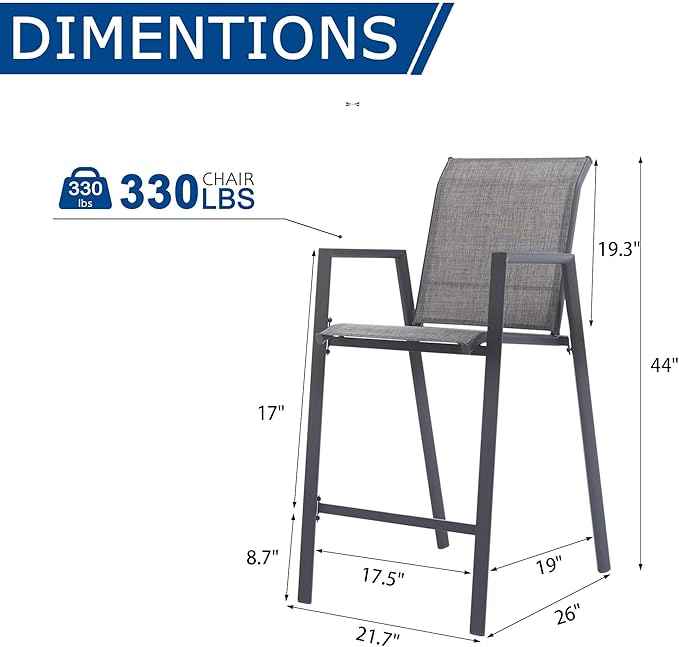 Outdoor Bar Stools Set of 4, 44'' Patio Bar Chairs with Textile High Back, Bar Height Chairs with Straight Armrest and Footrest, Grey